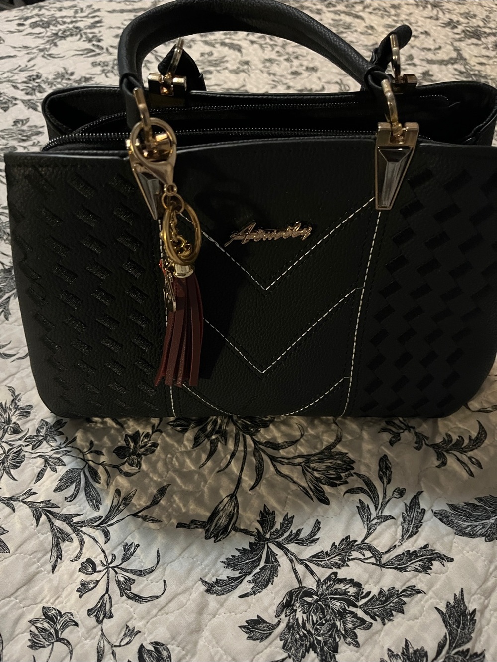 Aimily Black Satchel with Gold Accents